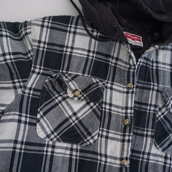 Vintage Wrangler White Black Plaid Quilt Lined Hooded Cotton Button Up Shacket S - Picture 9 of 11